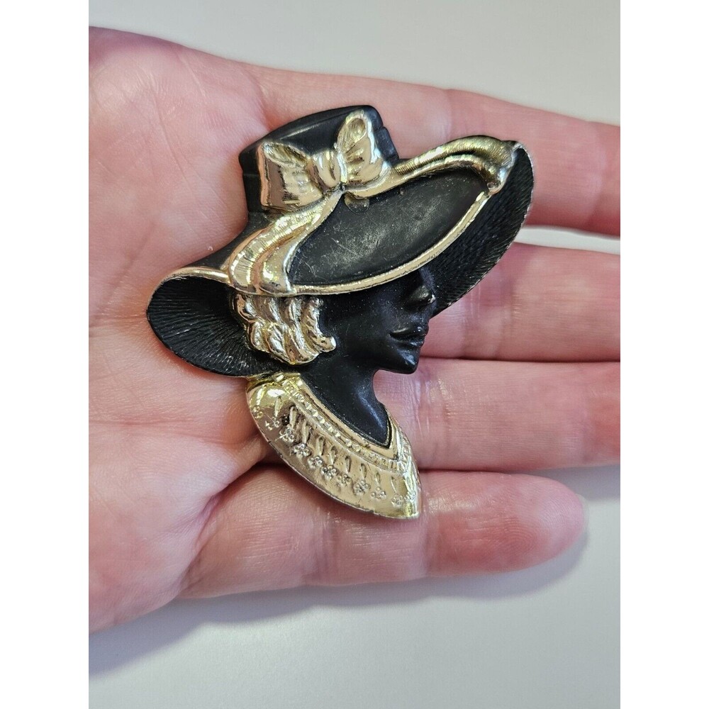 Torino gold tone black matte brooch silhouette vintage hat fancy